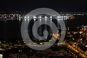 Scenic panoramic aerial San Diego Bay vista at night, California