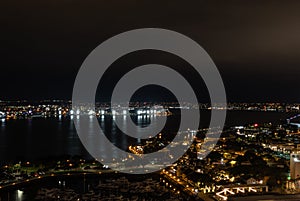 Scenic panoramic aerial San Diego Bay vista at night, California