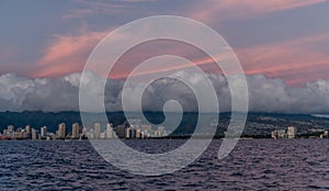 Scenic panoramic Honolulu and Waikiki coastline vista at sunset, Oahu