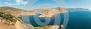 Scenic panoramic view of Balaclava bay with yachts from the ruines of Genoese fortress Chembalo. Balaklava, Sevastopol, Crimea.