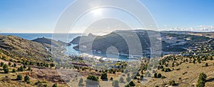 Scenic panoramic view of Balaclava bay with yachts from the ruines of Genoese fortress Chembalo. Balaklava, Sevastopol, Crimea.