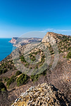 Scenic panoramic view of Balaclava bay with yachts from the ruines of Genoese fortress Chembalo. Balaklava, Sevastopol, Crimea.