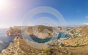 Scenic panoramic view of Balaclava bay with yachts from the ruines of Genoese fortress Chembalo. Balaklava, Sevastopol, Crimea.