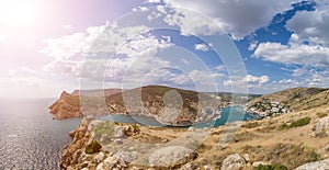 Scenic panoramic view of Balaclava bay with yachts from the ruines of Genoese fortress Chembalo. Balaklava, Sevastopol, Crimea.