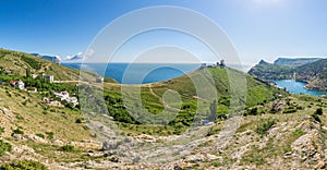 Scenic panoramic view of Balaclava bay with yachts from the ruines of Genoese fortress Chembalo. Balaklava, Sevastopol, Crimea.