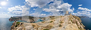 Scenic panoramic view of Balaclava bay with yachts from the ruines of Genoese fortress Chembalo. Balaklava, Sevastopol, Crimea.