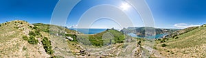 Scenic panoramic view of Balaclava bay with yachts from the ruines of Genoese fortress Chembalo. Balaklava, Sevastopol, Crimea.