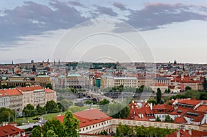 Scenic panoramic view of bridges on the Vltava river and historical center of Prague, Czech Republic on sunset