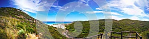 Scenic panoramic view of cliff coast south western Australia, Albany, wild Southern Ocean, blue sky, copy space.