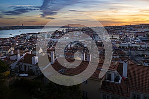 Scenic panoramic view of the downtown of the city of Lisbon at sunset