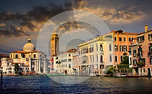 Scenic panoramic view of Grand Canal in sunset. Venice, Italy