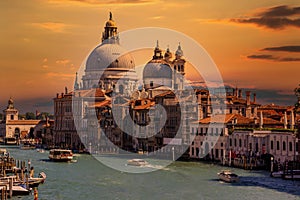 Scenic panoramic view of Grand Canal in sunset. Venice, Italy