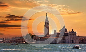 Scenic panoramic view of Grand Canal in sunset. Venice, Italy