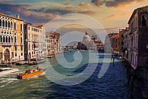 Scenic panoramic view of Grand Canal in sunset. Venice, Italy