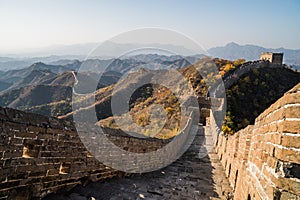 Scenic panoramic view of the Great Wall Jinshanling portion close to Beijing, on a sunny day of autumn, in China