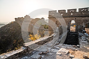 Scenic panoramic view of the Great Wall Jinshanling portion close to Beijing, on a sunny day of autumn, in China