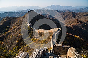 Scenic panoramic view of the Great Wall Jinshanling portion close to Beijing, on a sunny day of autumn, in China