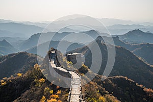 Scenic panoramic view of the Great Wall Jinshanling portion close to Beijing, on a sunny day of autumn, in China