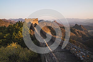 Scenic panoramic view of the Great Wall Jinshanling portion close to Beijing, on a sunny day of autumn, in China