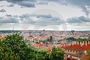 Scenic panoramic view of historical center of Prague, Czech Republic on a cloudy day