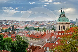 Scenic panoramic view of historical center of Prague, Czech Republic on a cloudy stormy day