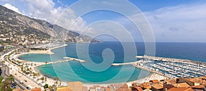 Scenic panoramic view of Menton seashore promenade and historic city in French Riviera Cote D azur