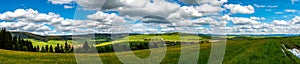 Scenic panoramic view near dirt road in Romania, small hungarian village, Csikszentlelek in hungarian , Leliceni in romanian