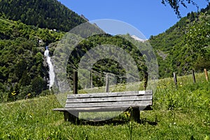 scenic Parcines waterfall in Italian Alps of Rabla region in South Tyrol (Rabla or Rabland, Merano, South Tyrol, Italy)