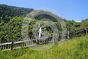 scenic Parcines waterfall in Italian Alps of Rabla region in South Tyrol (Rabla or Rabland, Merano, South Tyrol, Italy)