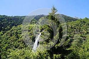 scenic Parcines waterfall in Italian Alps of Rabla region in South Tyrol (Rabla or Rabland, Merano, South Tyrol, Italy)