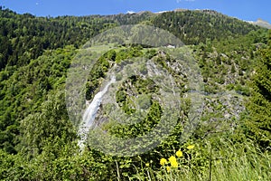 scenic Parcines waterfall in Italian Alps of Rabla region in South Tyrol (Rabla or Rabland, Merano, South Tyrol, Italy)