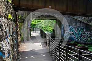 Scenic path under graffiti bridge.