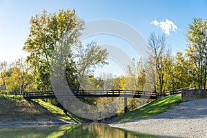 Scenic pedestrian bridge in Bundek city park, Zagreb, Croatia