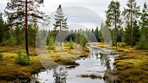 Scenic Photo Of Firs And Deciduous Trees In Rainy Fen