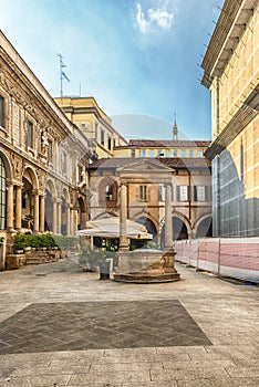 The scenic Piazza Mercanti & x28;Merchants& x27; Square& x29; in Milan, Italy