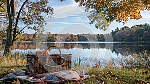 A scenic picnic by a tranquil lake with the colorful reflection of the changing leaves dancing on the waters surface. A