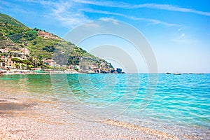 Scenic picture-postcard view of the beautiful town of Minori at famous Amalfi Coast with Gulf of Salerno, Campania