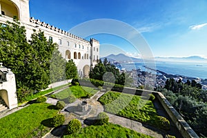 Scenic picture-postcard view of the city of Naples Napoli with famous Mount Vesuvius in the background from Certosa di San Martino