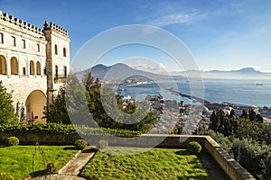 Scenic picture-postcard view of the city of Naples Napoli with famous Mount Vesuvius in the background from Certosa di San Martino