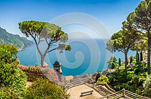 Scenic picture-postcard view of famous Amalfi Coast with Gulf of Salerno from Villa Rufolo gardens in Ravello, Campania, Italy photo