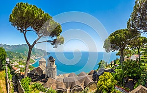 Scenic picture-postcard view of famous Amalfi Coast from Villa Rufolo gardens in Ravello, Italy photo