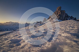 Scenic picture of a Sunset in Passo Giau, a mountain pass in the Dolomites, near Cortina D`Ampezzo, Italy