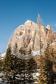 Tofana di Rozes over a blue sky in winter, Cortina D`Ampezzo, It