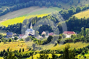 Scenic picturesque countryside landscape. Vast panorama view of Jugow village in the Owl Mountains Gory Sowie, Poland.