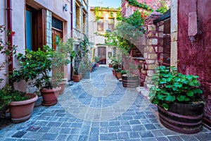 Scenic picturesque streets of Chania venetian town. Chania, Creete, Greece