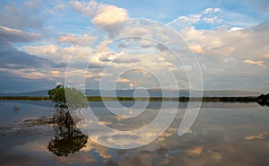 Scenic pond with reflections of the clouds