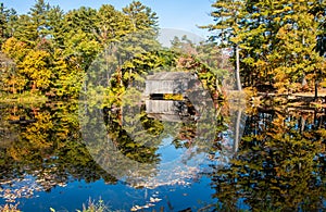 Scenic pond with reflections in Old Sturbridge Village