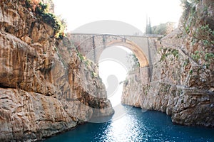 Scenic postcard view of the Furore fiord, beach and sea on Amalfi Coast, Campania, Italy