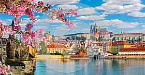 Scenic Prague panorama with Hradcany castle and Vltava river in spring, Czech Republic