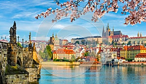 Scenic Prague panorama with Hradcany castle and Vltava river in spring, Czech Republic